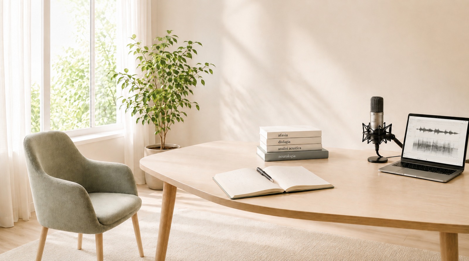 Studio di logopedia: scrivania con libri di afasia, disfagia, analisi acustica e neurologia, microfono e laptop, luce naturale